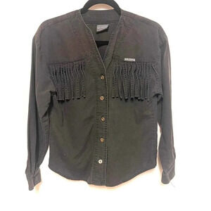 Rough Rider Fringe Black Denim Biker Long-Sleeve Button Down Shirt - Moto Bike